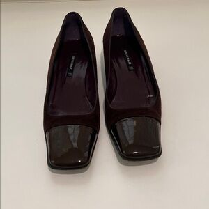 Bruno Magli Brown Suede and Patent Square-Toe Pumps